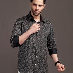 Metal Black Printed Bulgari Satin Discharge Shirt with Metal Button - Premium