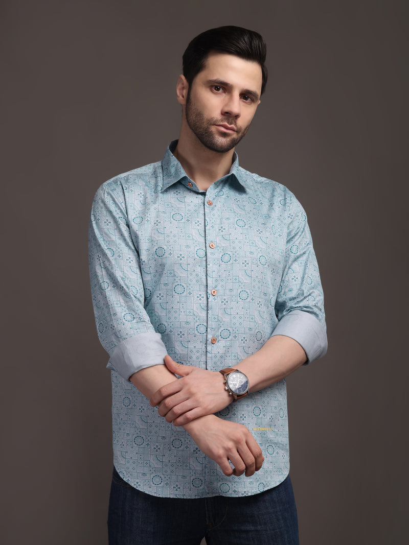 Sky Blue Printed Bulgari Satin Discharge Shirt with Metal Button - Premium