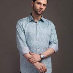 Sky Blue Printed Bulgari Satin Discharge Shirt with Metal Button - Premium