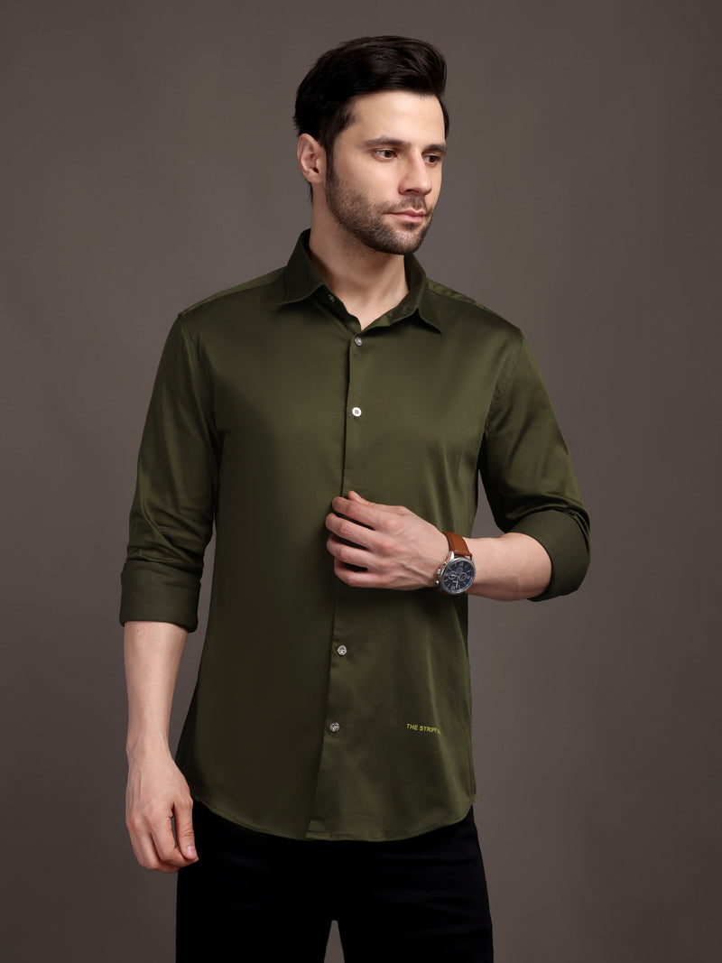 Army Green Plain Poly Satin Lycra Shirt with Silver Metal Button - Premium, Unbreakable button