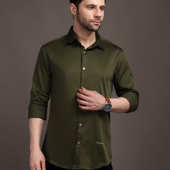 Army Green Plain Poly Satin Lycra Shirt with Silver Metal Button - Premium, Unbreakable button