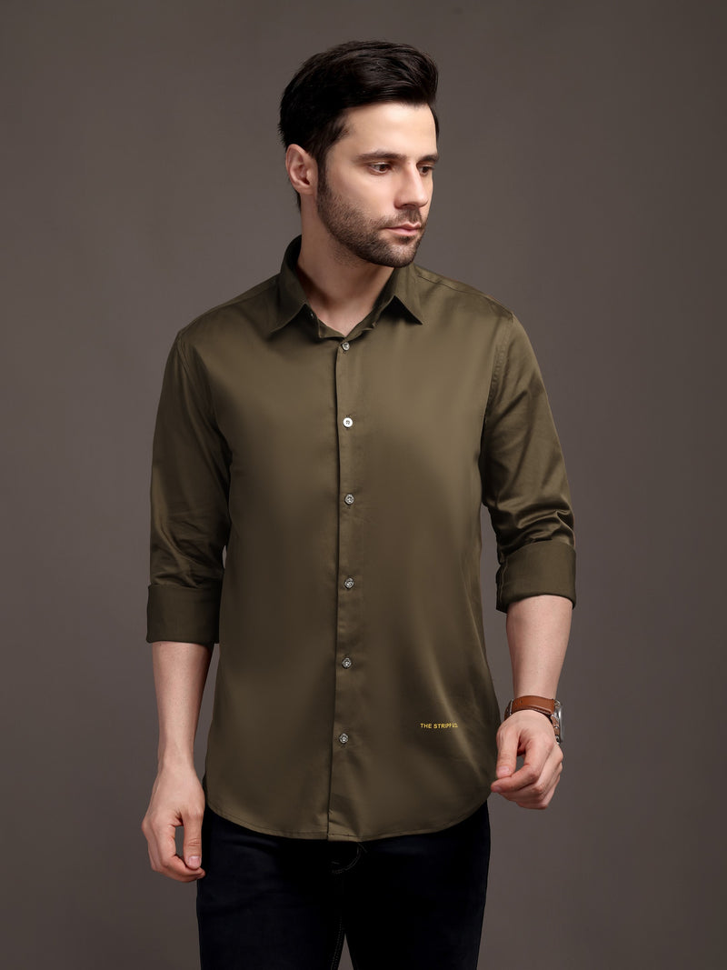 Mehendi Green Plain Poly Satin Lycra Shirt with Silver Metal Button - Premium, Unbreakable button