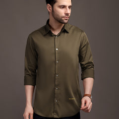 Mehendi Green Plain Poly Satin Lycra Shirt with Silver Metal Button - Premium, Unbreakable button