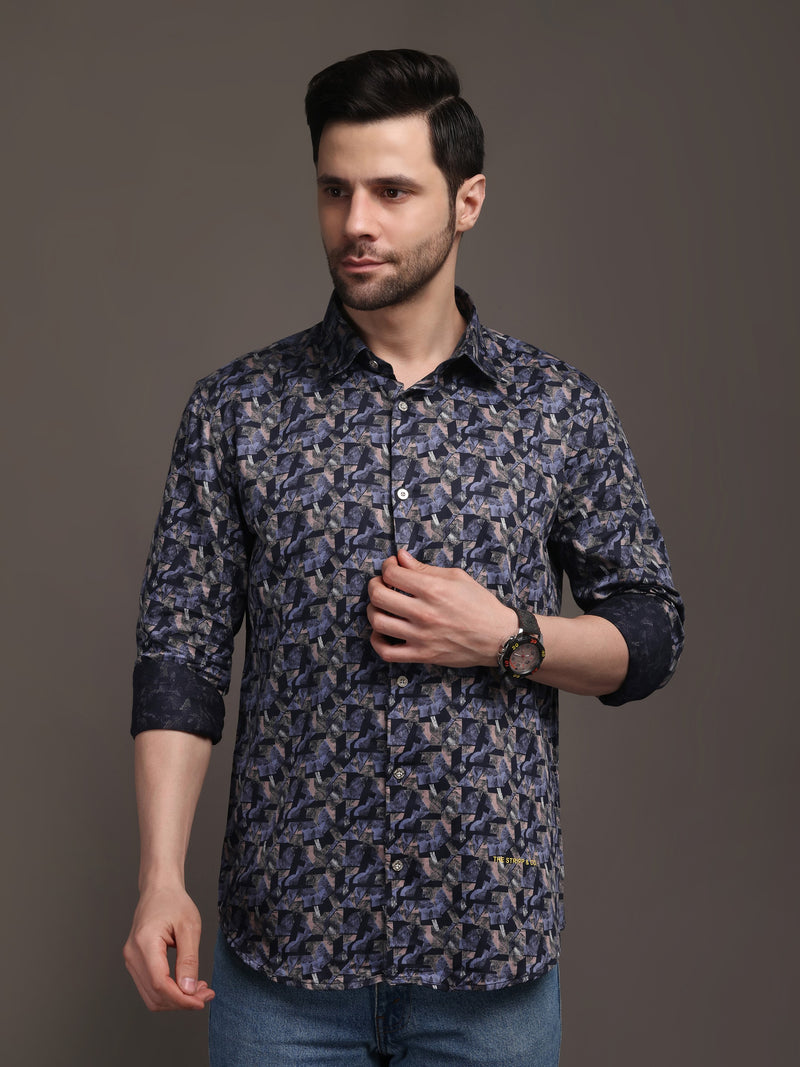 Berry Violet & Shiny Black Printed Printed Bulgari Satin Discharge Shirt with Metal Button - Premium