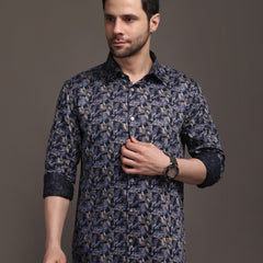 Berry Violet & Shiny Black Printed Printed Bulgari Satin Discharge Shirt with Metal Button - Premium