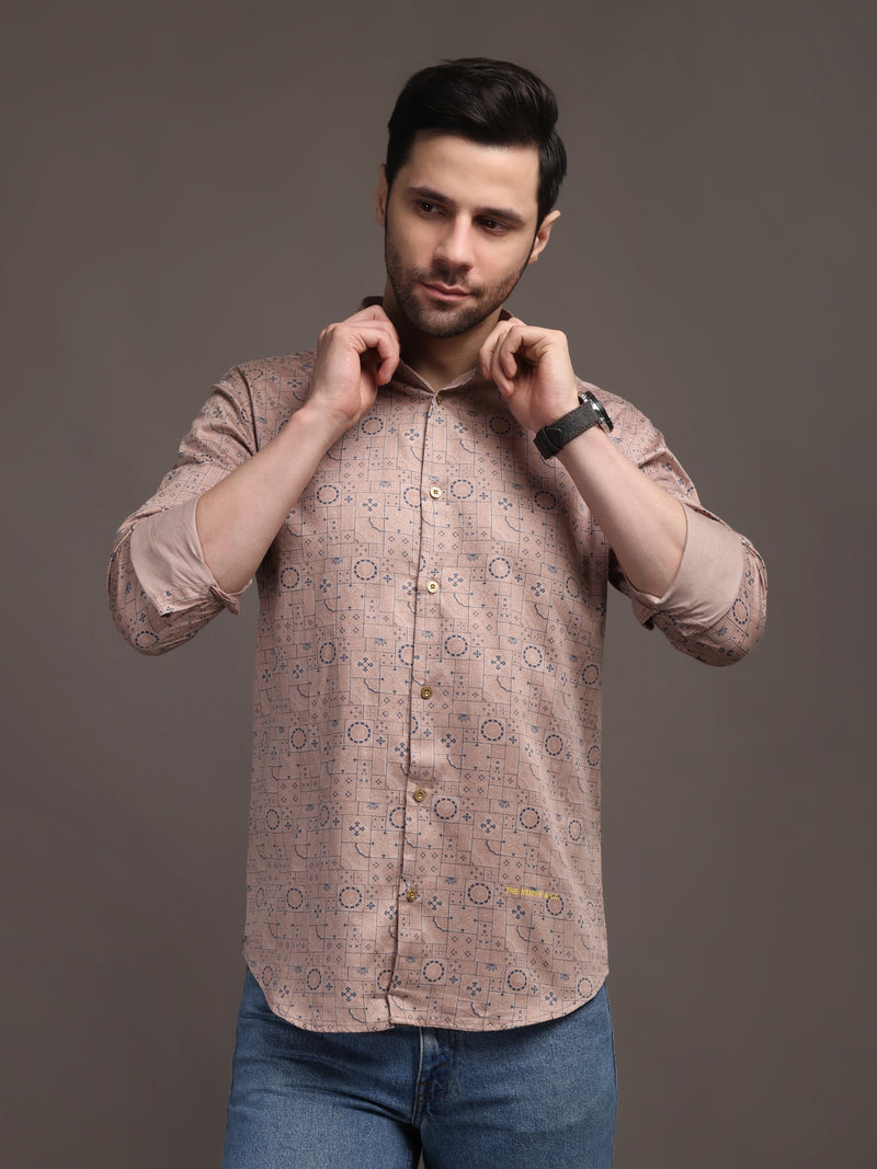 Peach Veromoda Printed Bulgari Satin Discharge Shirt with Copper Metal Button - Premium