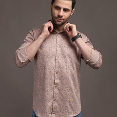 Peach Veromoda Printed Bulgari Satin Discharge Shirt with Copper Metal Button - Premium