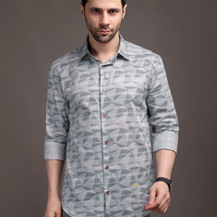 Grey Strippes Bulgari Satin Discharge Shirt with Copper Metal Button-Premium