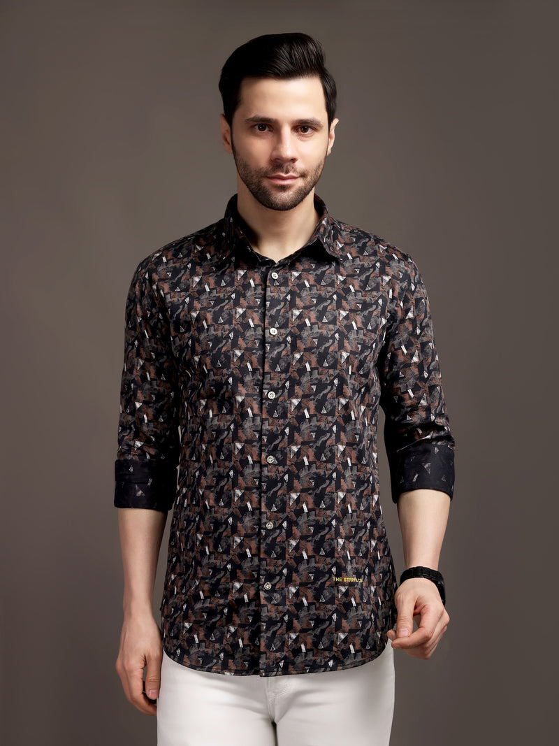 Cocoa Black and Brown Printed Bulgari Satin Discharge Shirt with Metal Button - Premium
