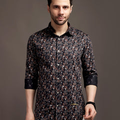 Cocoa Black and Brown Printed Bulgari Satin Discharge Shirt with Metal Button - Premium