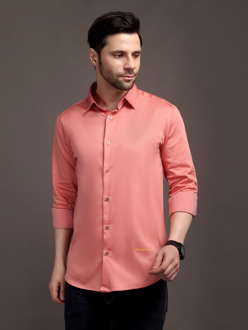 Veromoda Peach Plain Poly Satin Lycra Shirt with Gold Metal Button - Premium, Unbreakable button
