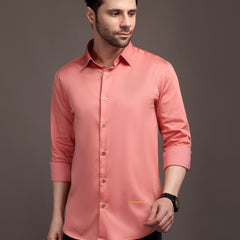 Veromoda Peach Plain Poly Satin Lycra Shirt with Gold Metal Button - Premium, Unbreakable button