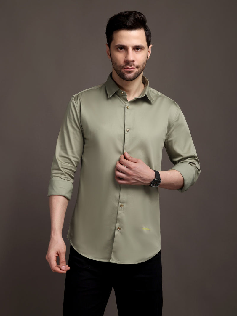 Light Olive Green Color Plain Poly Satin Lycra Shirt with Gold Metal Button - Premium, Unbreakable button