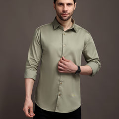 Light Olive Green Color Plain Poly Satin Lycra Shirt with Gold Metal Button - Premium, Unbreakable button