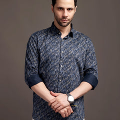 Meta Blue Printed Bulgari Satin Discharge Shirt with Metal Button - Premium