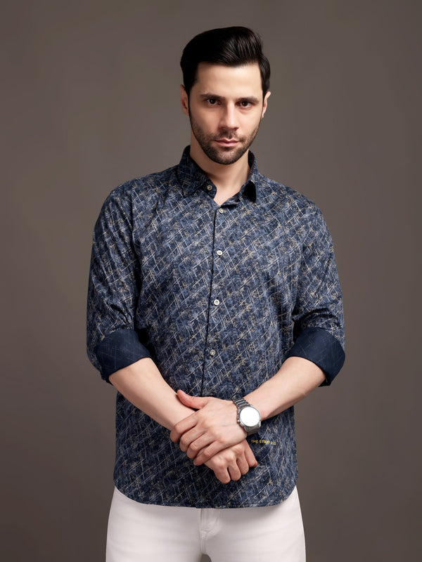 Meta Blue Printed Bulgari Satin Discharge Shirt with Metal Button - Premium
