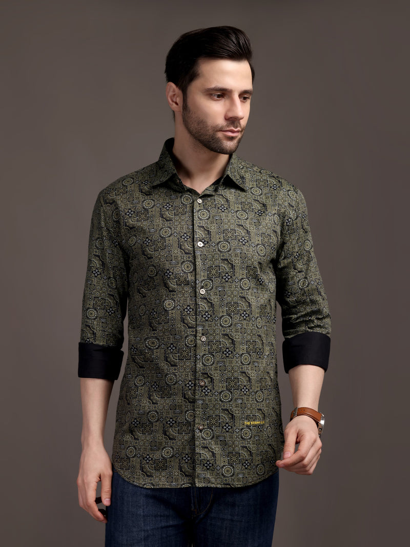 Mehendi/Sea Green Printed Bulgari Satin Discharge Shirt with Metal Button - Premium