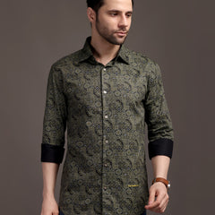 Mehendi/Sea Green Printed Bulgari Satin Discharge Shirt with Metal Button - Premium
