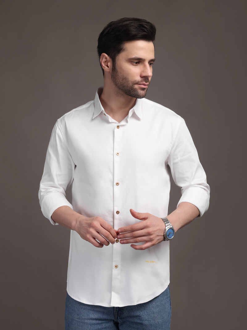 Milky White Plain Poly Satin Lycra Shirt with Copper Metal Button - Premium, Unbreakable button