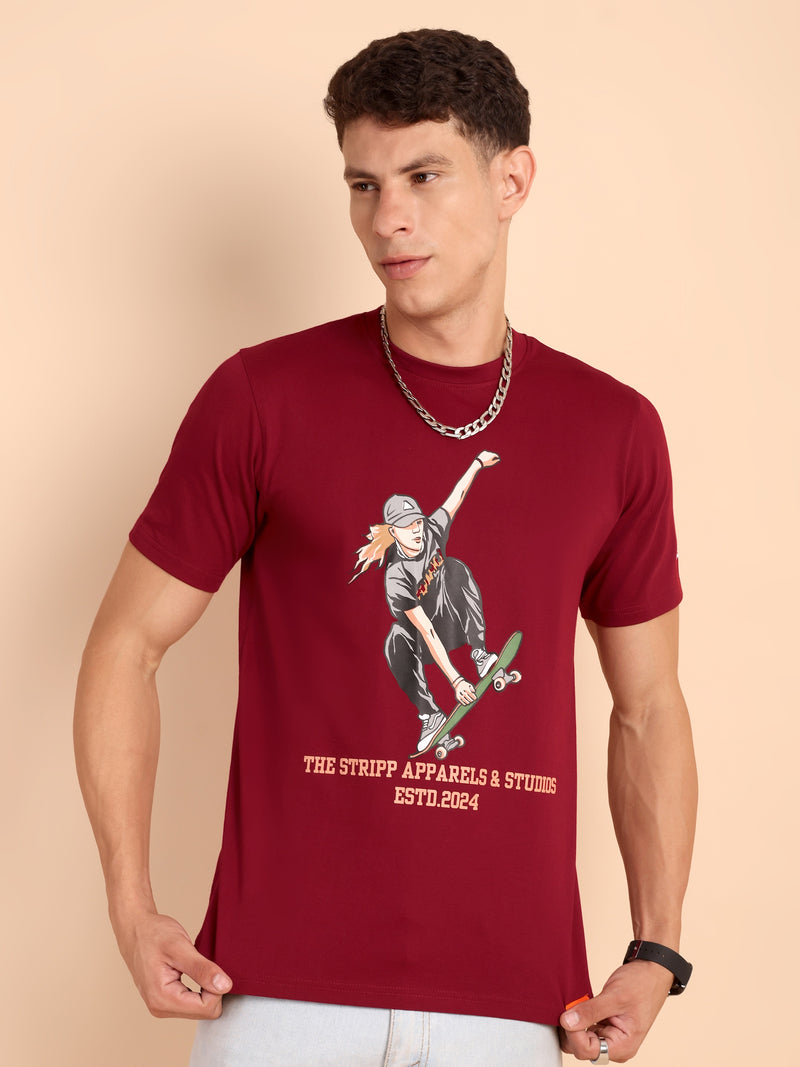 BURGUNDY MAROON, IMPORTED COTTON BIO WASHED-FEEL SOFT CREW NECK T SHIRT