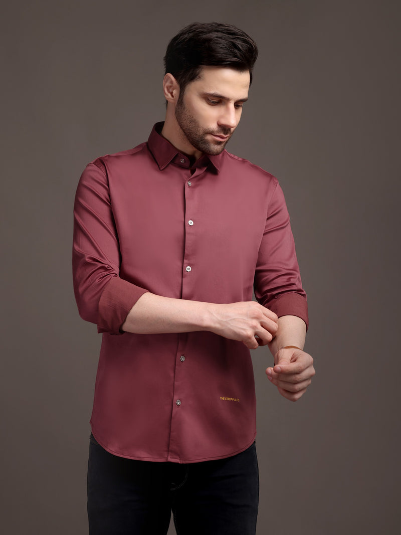 Dark Magenta Pink Plain Poly Satin Lycra Shirt with Silver Metal Button - Premium, Unbreakable button