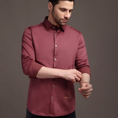 Dark Magenta Pink Plain Poly Satin Lycra Shirt with Silver Metal Button - Premium, Unbreakable button