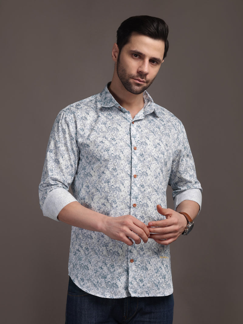Heaven Blue & White Printed Bulgari Satin Discharge Shirt with Copper Metal Button - Premium