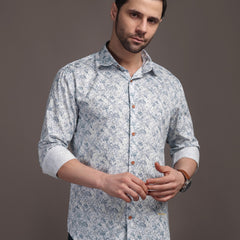 Heaven Blue & White Printed Bulgari Satin Discharge Shirt with Copper Metal Button - Premium