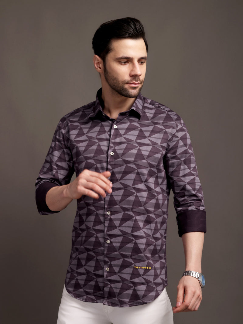 Burgundy Strippes Bulgari Satin Discharge Shirt with Metal Button - Premium