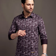 Burgundy Strippes Bulgari Satin Discharge Shirt with Metal Button - Premium
