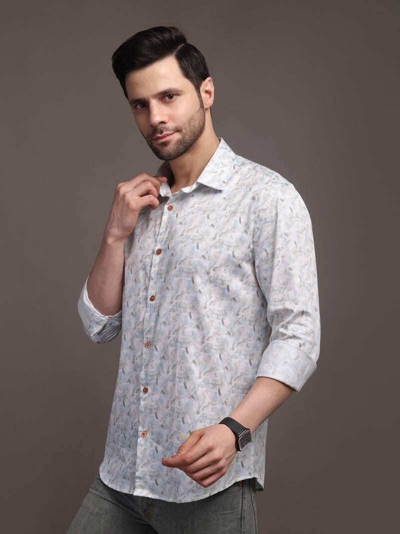 Whitish Blue Printed Bulgari Satin Discharge Shirt with Copper Metal Button - Premium, Unbreakable button