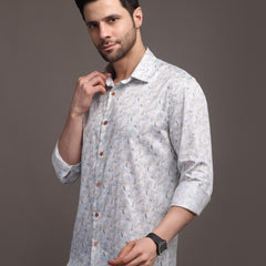 Whitish Blue Printed Bulgari Satin Discharge Shirt with Copper Metal Button - Premium, Unbreakable button