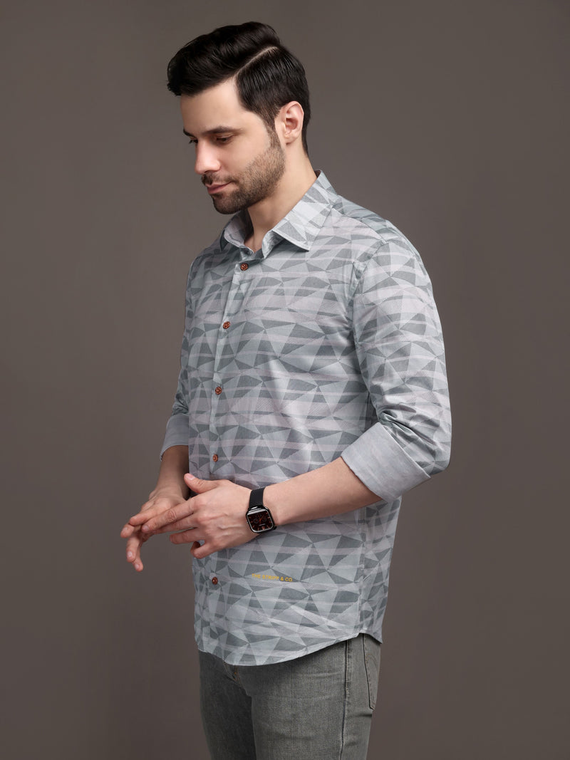 Grey Strippes Bulgari Satin Discharge Shirt with Copper Metal Button-Premium