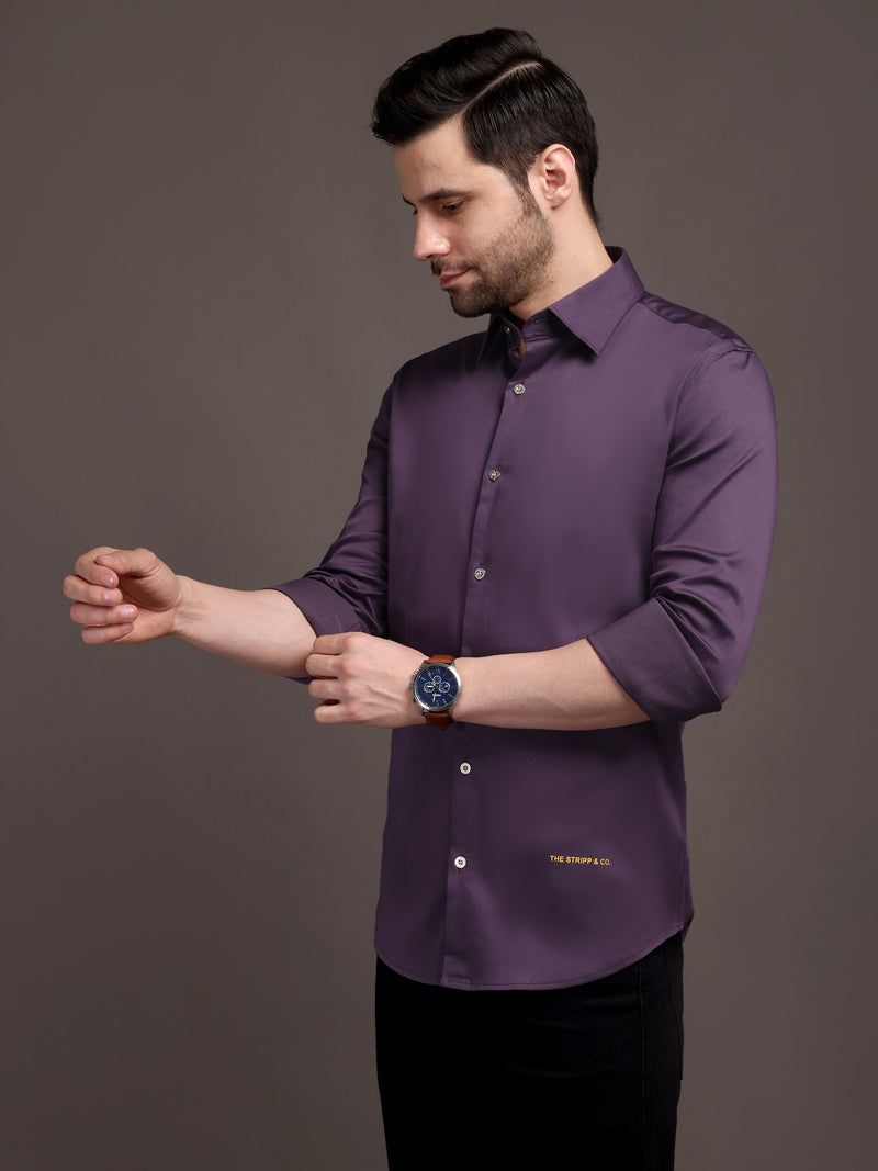 Violet/Lavendour Plain Poly Satin Lycra Shirt with Silver Metal Button - Premium, Unbreakable button