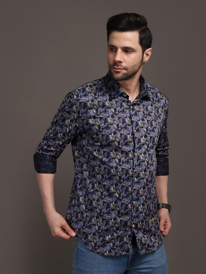 Berry Violet & Shiny Black Printed Printed Bulgari Satin Discharge Shirt with Metal Button - Premium
