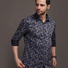 Berry Violet & Shiny Black Printed Printed Bulgari Satin Discharge Shirt with Metal Button - Premium