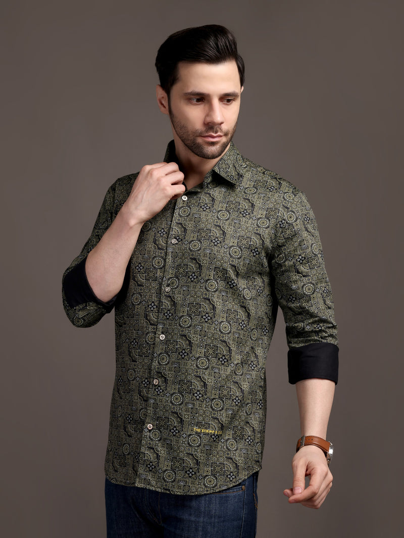 Mehendi/Sea Green Printed Bulgari Satin Discharge Shirt with Metal Button - Premium