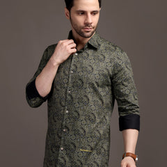 Mehendi/Sea Green Printed Bulgari Satin Discharge Shirt with Metal Button - Premium