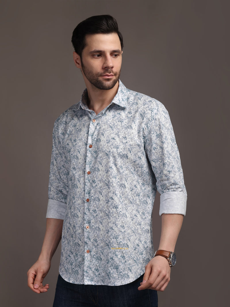Heaven Blue & White Printed Bulgari Satin Discharge Shirt with Copper Metal Button - Premium