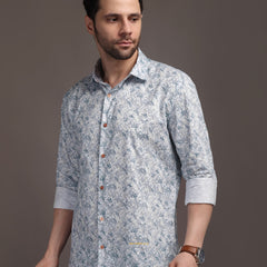 Heaven Blue & White Printed Bulgari Satin Discharge Shirt with Copper Metal Button - Premium