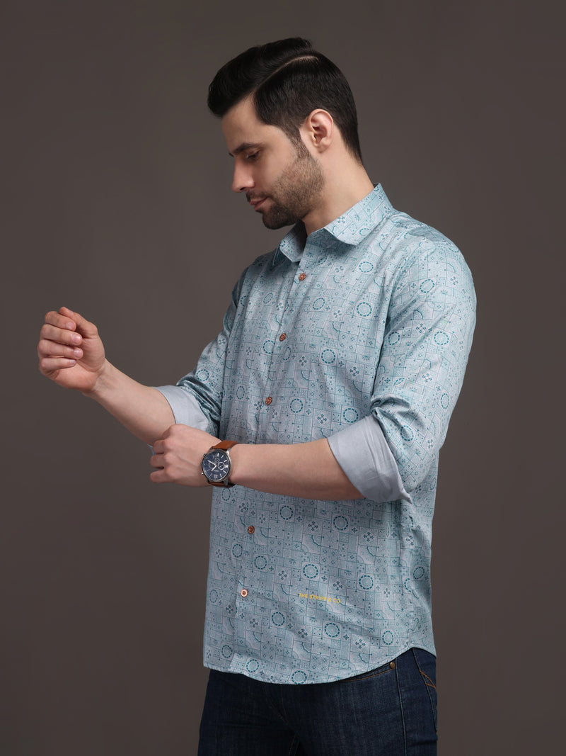 Sky Blue Printed Bulgari Satin Discharge Shirt with Metal Button - Premium