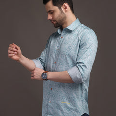 Sky Blue Printed Bulgari Satin Discharge Shirt with Metal Button - Premium