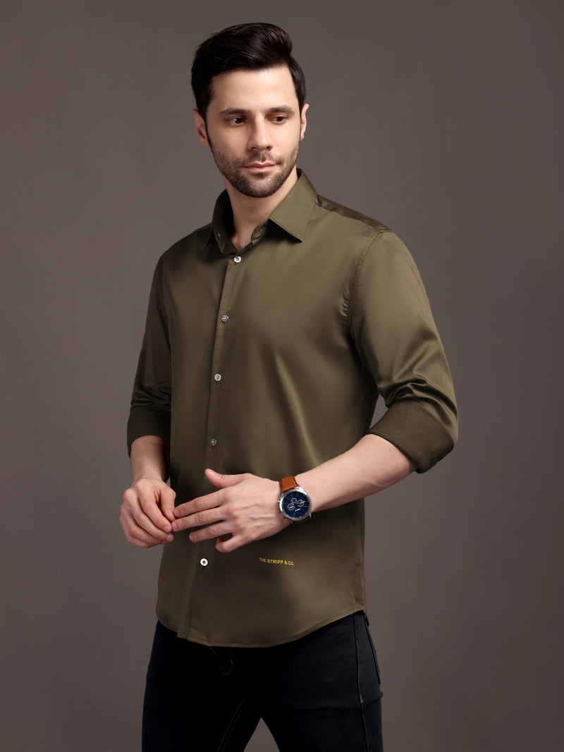 Mehendi Green Plain Poly Satin Lycra Shirt with Silver Metal Button - Premium, Unbreakable button
