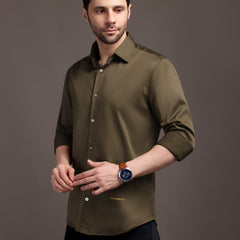 Mehendi Green Plain Poly Satin Lycra Shirt with Silver Metal Button - Premium, Unbreakable button