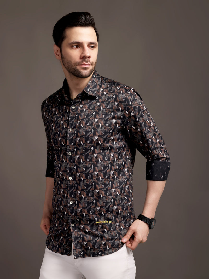 Cocoa Black and Brown Printed Bulgari Satin Discharge Shirt with Metal Button - Premium