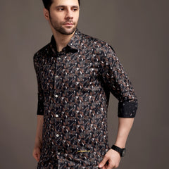 Cocoa Black and Brown Printed Bulgari Satin Discharge Shirt with Metal Button - Premium
