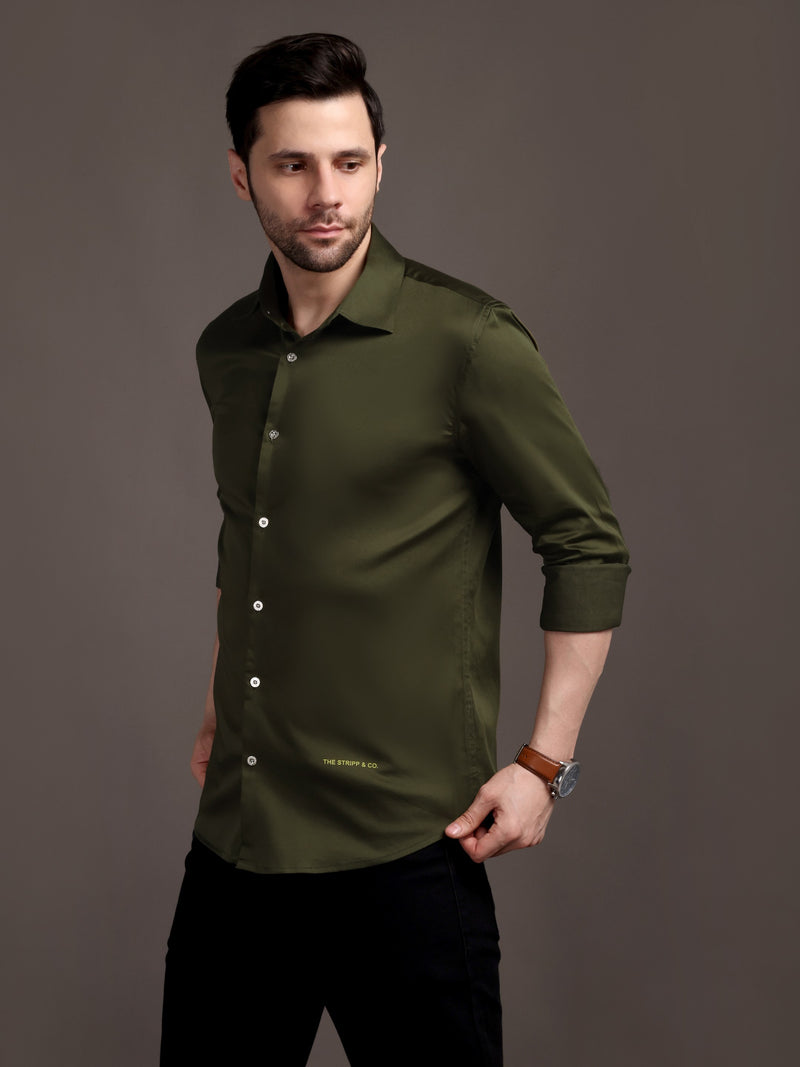 Army Green Plain Poly Satin Lycra Shirt with Silver Metal Button - Premium, Unbreakable button