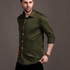 Army Green Plain Poly Satin Lycra Shirt with Silver Metal Button - Premium, Unbreakable button