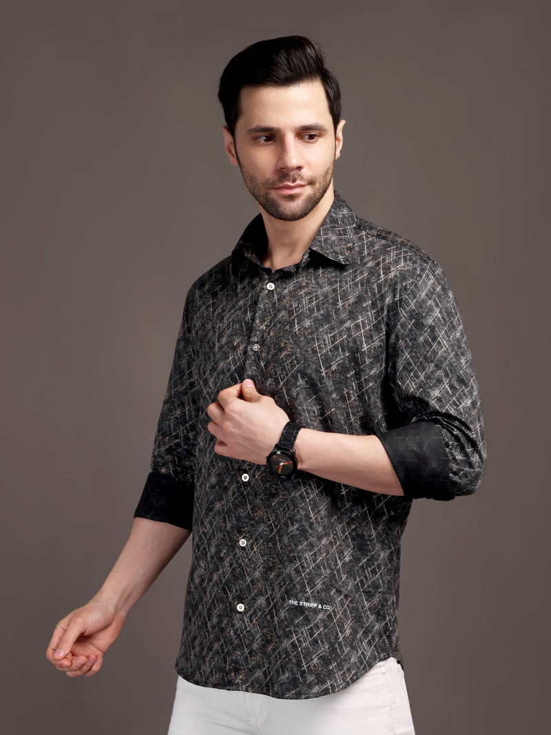 Metal Black Printed Bulgari Satin Discharge Shirt with Metal Button - Premium