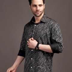 Metal Black Printed Bulgari Satin Discharge Shirt with Metal Button - Premium